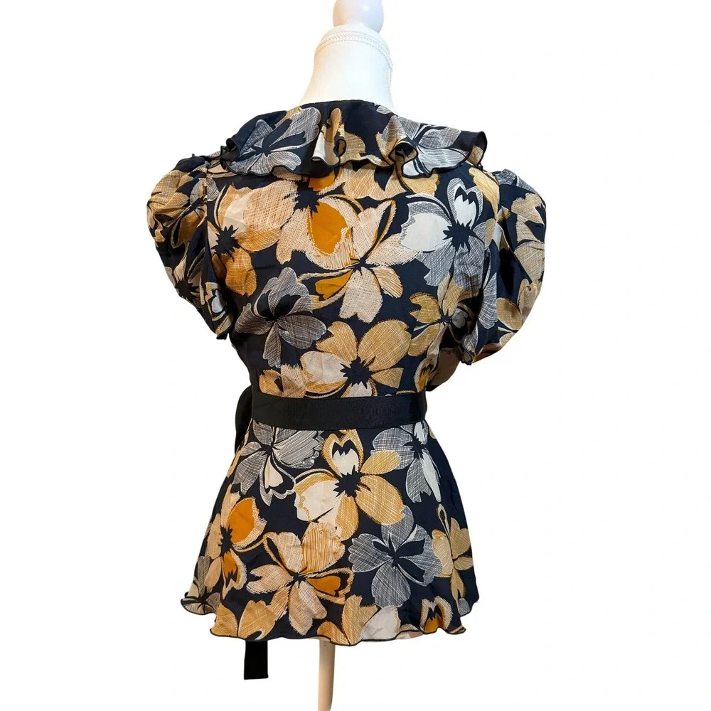 Anna Sui Anthropologie Wrap Top Womens 2 Navy Yellow Floral Silk Ruffle Flutter - Picture 2 of 7